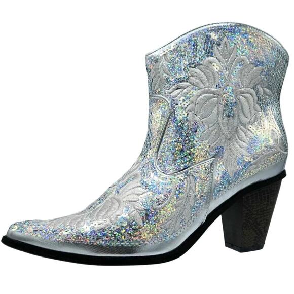 NEW Helen's Heart Embroidered Sequin Silver Metallic Cowboy Booties Size 10 - Picture 1 of 12